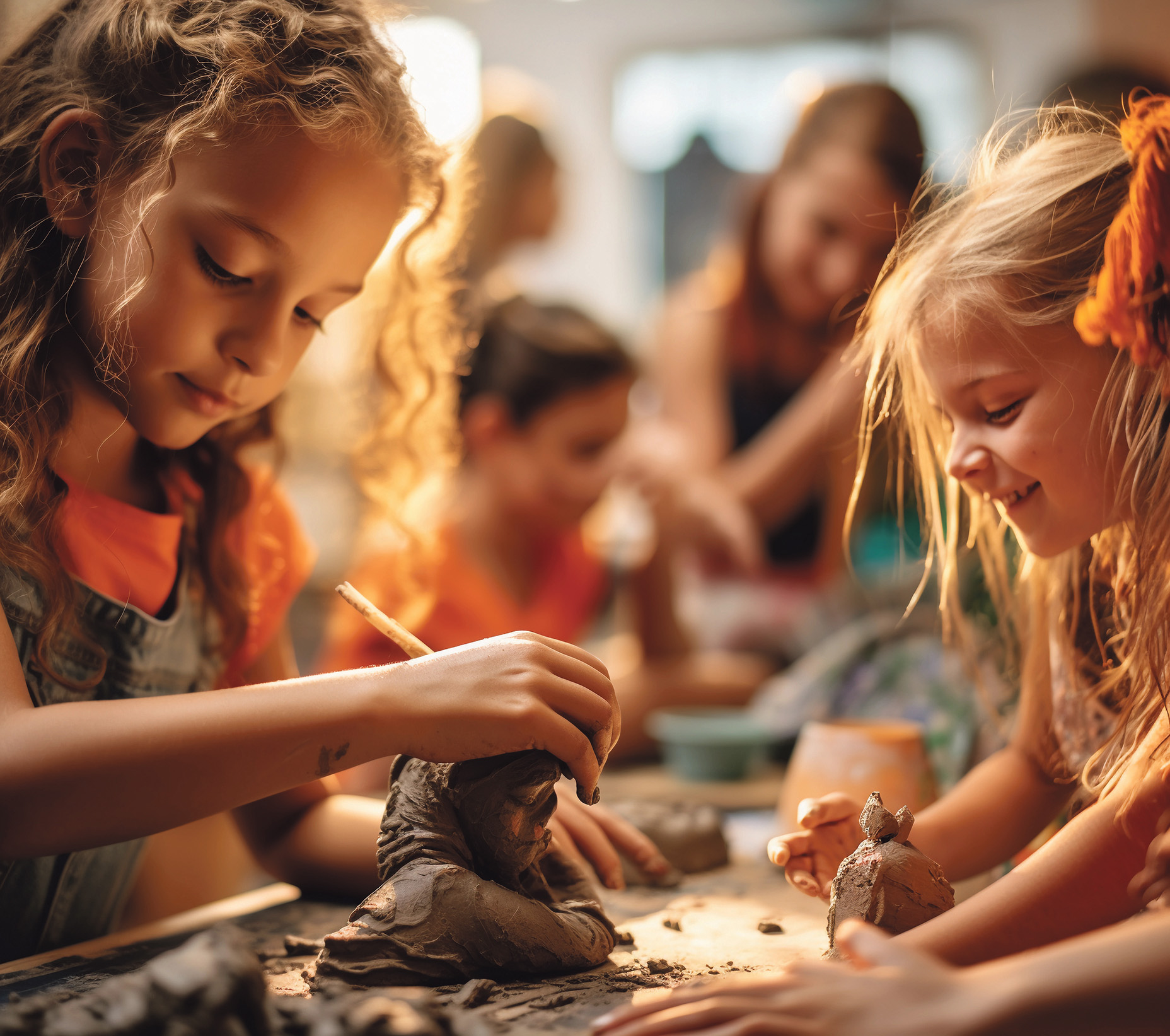 Kindersitzen an einem Tisch und töpfern